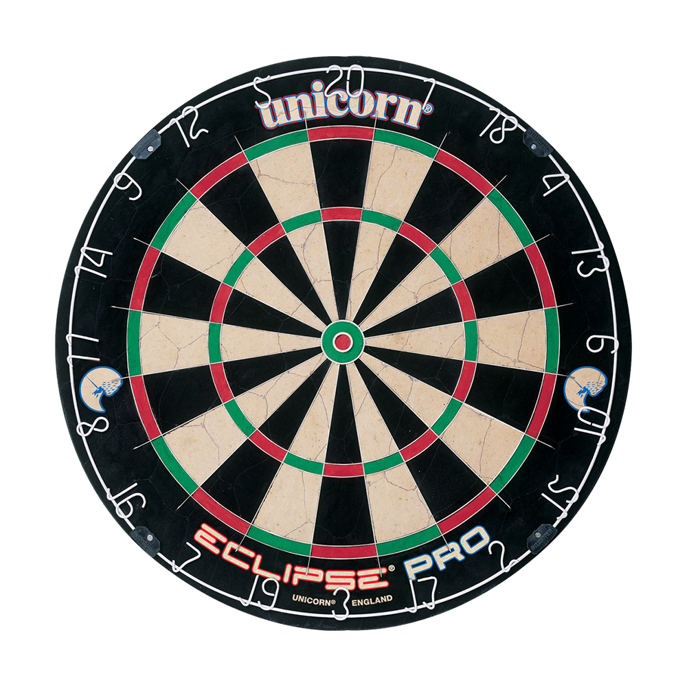Das Bild zeigt die Unicorn Eclipse Pro Dartscheibe. Sie hat ein klassisches Design mit deutlich sichtbaren Zahlen und farbigen Segmenten.